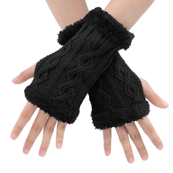 Fingerlösa handskar för kvinnor - Vinterstickade thermal handledsfleecefodrade fingerlösa handskar för kvinnor Vantar Kabelstickade thermal med tumhål