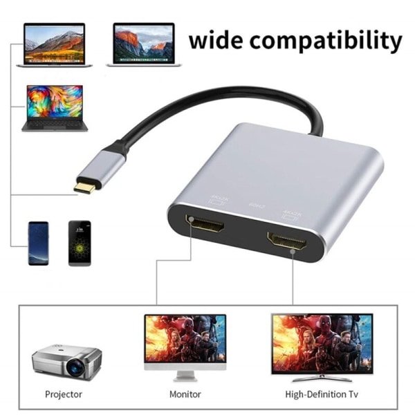 4 i 1 USB Type C-hub til dobbel ladeport 4K HD-kompatibel USB-C-stasjonsadapter Støtte for dobbel skjerm
