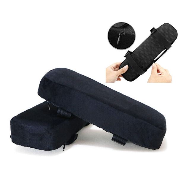Sett med 2 ergonomiske kontorputer for albuer i mykt minnefoam, universell justerbar pute for armlene på stolen - svart