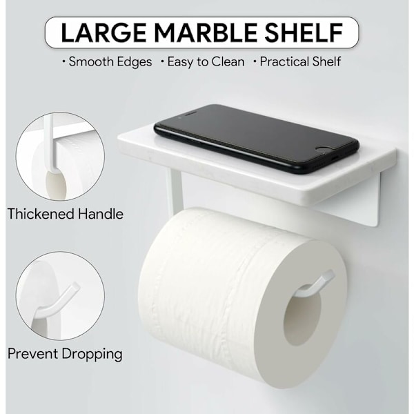 Toiletpapirholder i marmor med hylde, toiletrulleholder, skruevægmontering, toiletpapirholder i rustfrit stål med opbevaring til badeværelse og