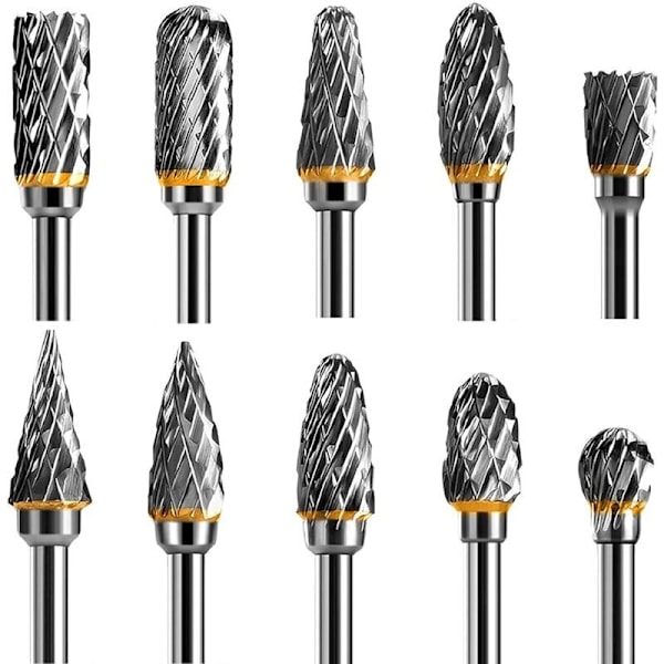 Sett med dobbeltkant Tungsten Carbide stål roterende graveringsverktøy for roterende verktøy, 10 stk 1/8” skaft for DIY, treskjæring, metallpolering, gravering, boring