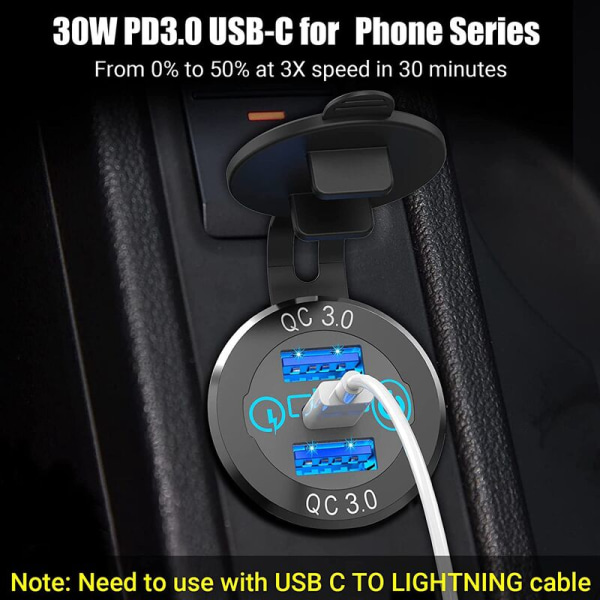 3.0 PD3.0 Triple USB-billader til bil 12V 24V 60W USB-C Multi-oplader med afbryder til båd, lastbil, RV,