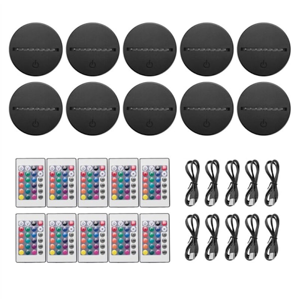 10-pack 3D LED-nattlampa-bas + fjärrkontroll + USB-kabel, 16 färger ljusshow-display för svart akryl