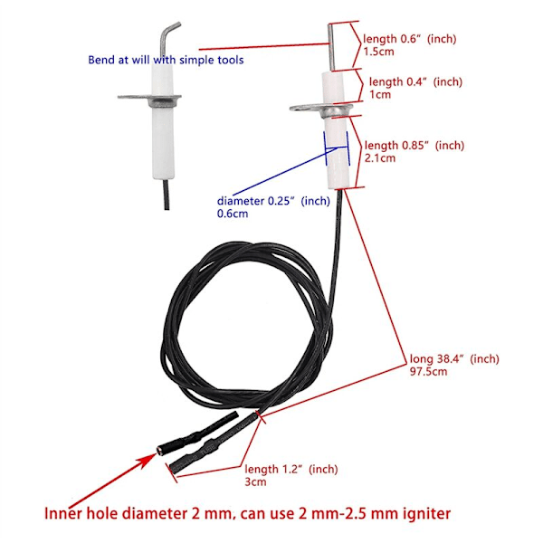 2 kpl 38 tuuman sytytyskaapelia ja keraamista elektrodipakettia, sytytyselektrodia voidaan taivuttaa itse kaasukeraamisen tulpan sytytykseen