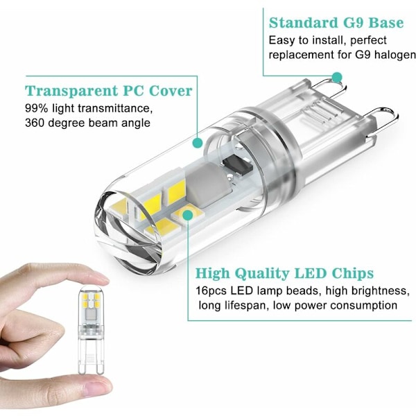 G9 LED-lampor 1,5 W motsvarande 20 W halogen kallvitt ljus 6000 K, AC 220-240 V, icke-dimbar, miniglödlampa, inget flimmer, 10-pack