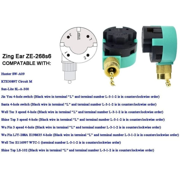3 stk ZE-268S6 takviftebryter 3 hastigheter 4 ledninger for takvifter og vegglys erstatningskjedebryter