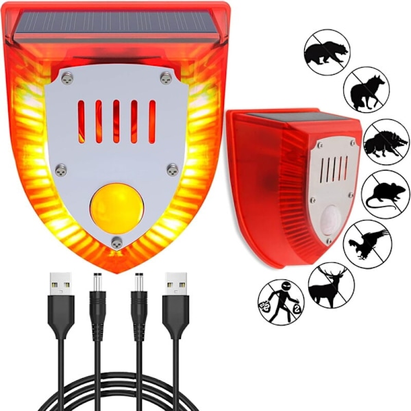 100 dB Solar LED -turvallisuusvaroitinliiketunnistimella, ulkokäyttöön, äänellinen sireeni, vedenkestävä, vilkkuva punainen valo, maatiloille ja varastoille (1 kpl)