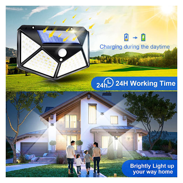 Sett med 6 solcellelamper for utendørs bruk med bevegelsessensorer, IP65 vanntett 100 LED, 1200mAh, 3 moduser, for hage, gjerde, terrasse, inngangsdør og garasje