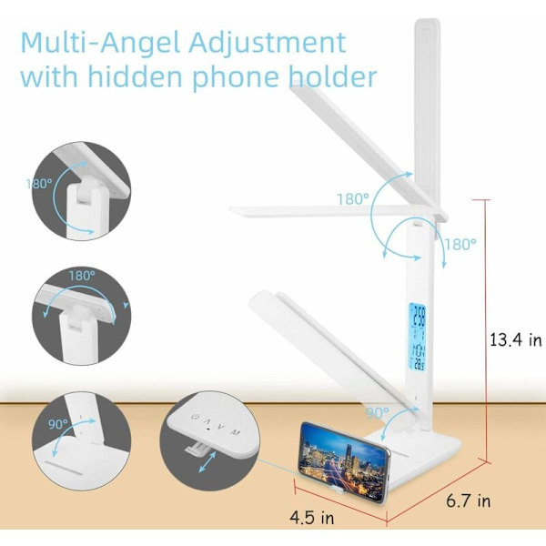 LED-skrivbordslampa med trådlös laddare och USB, justerbar flexibel touch-kontroll skrivbordslampa, LCD-display med tid, alarm och temperaturfunktioner (Wh