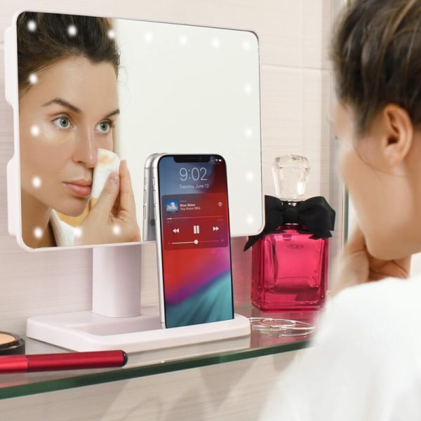 Meikkispeili valoilla ja Bluetooth-kaiuttimella, U-Reflect Beauty LED-johdoton kääntyvä peili alustalla (valkoinen), AAFGVC