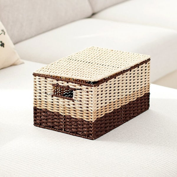 Græs Vævet Opbevaringskurv med låg Diverse Tøj Opbevaringskurv Hjem Køkken Organizer Bokse 35X24X19 Cm