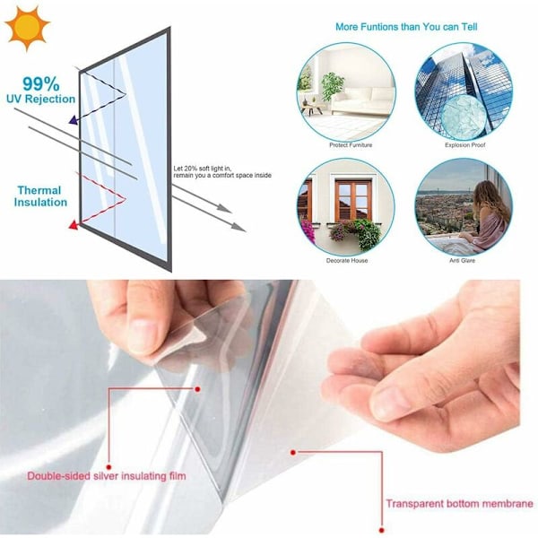 Envägs Spegelfolie Fönsterfilm Anti-UV Värmebeständig Anti-Blick Temperaturkontroll Sekretess Reflekterande Limfilm för Fönster Hem Kontor Butik (40  2