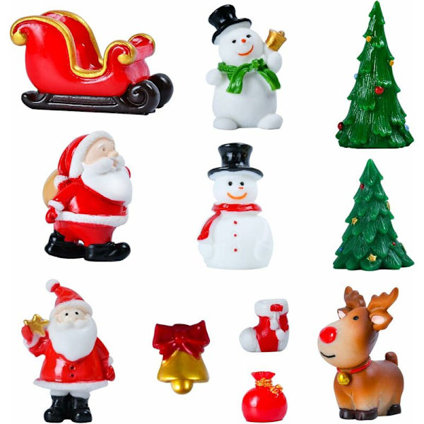 11 Julminiatyrer Julgransprydnader, Jultomtefigurer, Mini Dekorativa Hartsfigurer, Jultomte, Julgranar, Snögubbe, för Julbord