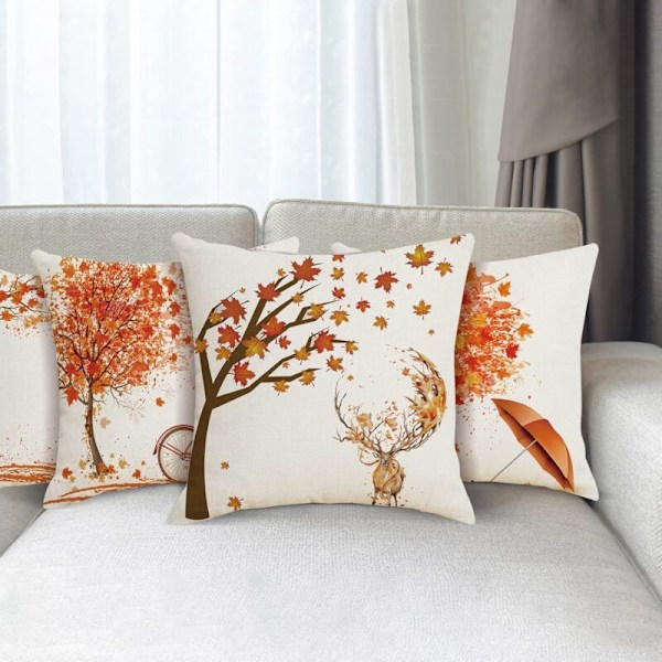Sett med 4 putetrekk 45x45cm, oransje høstlønn dekorativt bomulls- og linputetrekk for sofa seng soverom stol hage