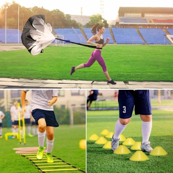 Sports träningshastighetsstege, 1 smidighetsstege, 12 skivkoner, 4 metallkrokar, 1 motståndsfallsärm, 1 bärväska