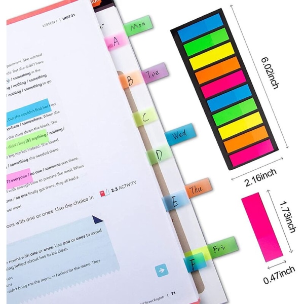 Fluorescerande genomskinliga självhäftande flaggor, 1200 stycken totalt, 10-pack färgade flikar, remsindexflikar, sidmarkörer