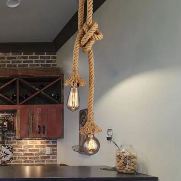 Hampelys Rop Pendellamp Loft Industri Vintage Lang Rattan Hængende Lampe Dobbelt Hoved Led Pærer-200CM