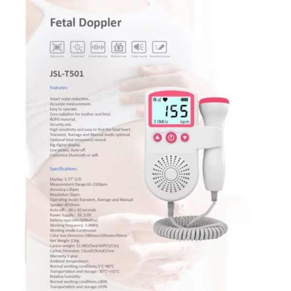 Prænatal føtal Doppler Baby hjerteslagsmåler Sonar Doppler pulsdetektor 3.0MHz til gravide kvinder Ingen stråling - generisk