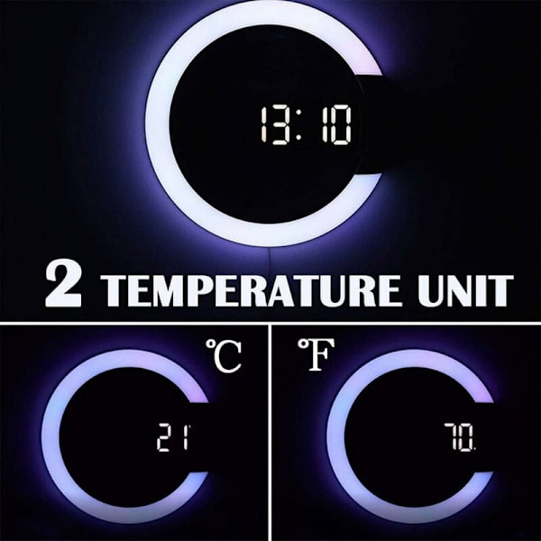 LED-väggklocka, kreativ fjärrkontroll digital klocka, ihålig spegel, temperatur larm, 7 färger ändras, nattlampa för hem, kontor--