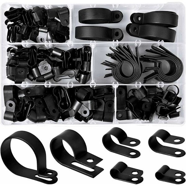 200 stk. Nylon R-klips plastklemmer for rør, 6 størrelser 3/16'' 1/4'' 3/8'' 1/2'' 3/4'' 11/8'' kanalklemmer, kabler, hylser (svart)