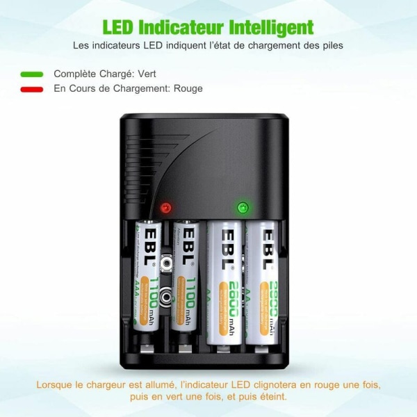 Universell AA/AAA/9V batteriladdare, snabbladdare 6802 för AA/AAA NI-MH eller 9V uppladdningsbara batterier med LED-indikator, 100-240V världsspänning,