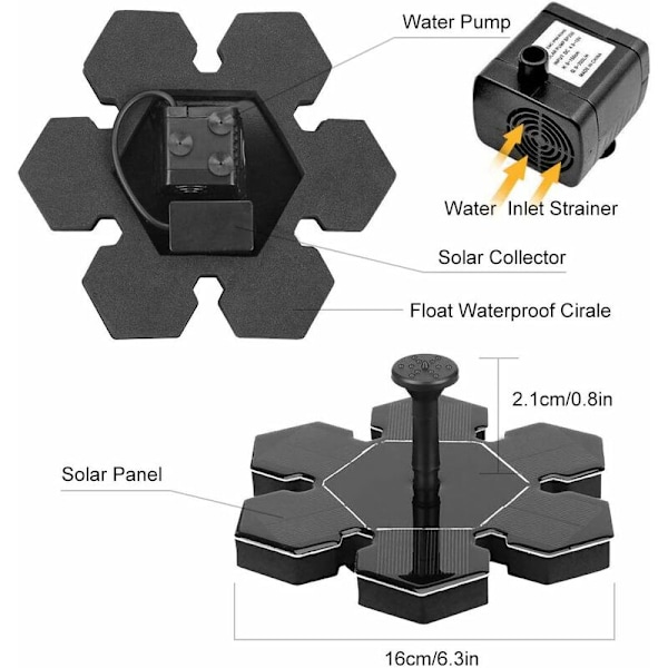 1,5W Solfontæne, Solvandpumpe, Solpondpumpe med Batteri og 4 Dyser, Solfontænepumpe, Mini Flydende Fontæne til Dekorativ Have