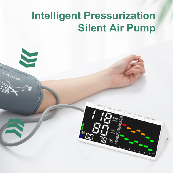 Arm blodtryksmåler med stort baggrundsbelyst display - pulsregistrering, digital blodtryksmaskine