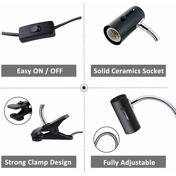 E27 Sokkel med Klemme og Afbryder til Reptillampe, 360° Justerbar med Fleksibel Arm og 1,8m Kabel, Klips-på Sokkel til Varmelampe/Akvarium/UVA/UVB