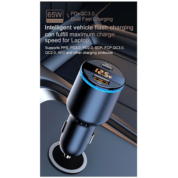 PD+QC3.0 Yleinen LED-pikalatauslaite kaksoisnäytöllä 12V-24V automalleille 65W lähtöteho PD+USB Flash -pikalataus, musta