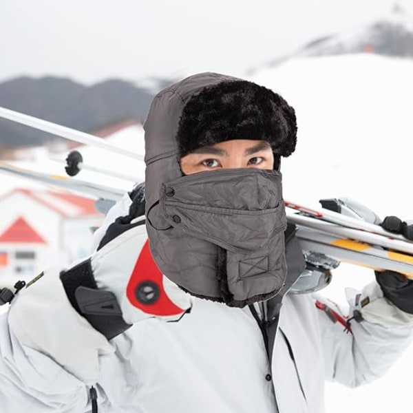 Unisex vandtæt flyverhat med halsgamacher og aftageligt visir, velegnet til skiløb, skøjteløb, udendørsaktiviteter eller hverdagsbrug, 56-59 cm, grå