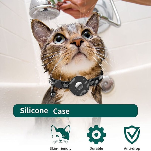 Reflekterende kattehalsbånd med klokke og vandtæt etui, kompatibel med Airtag-holder, sikkerhedsspændekrave, sort