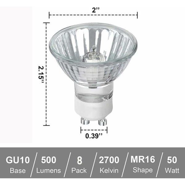 GU10 Halogenlampa, Dimbar gu10-lampa 50W 230V, 500lm Varmvitt 2700K, för Skåpsbelysning, Displaybelysning (8st)
