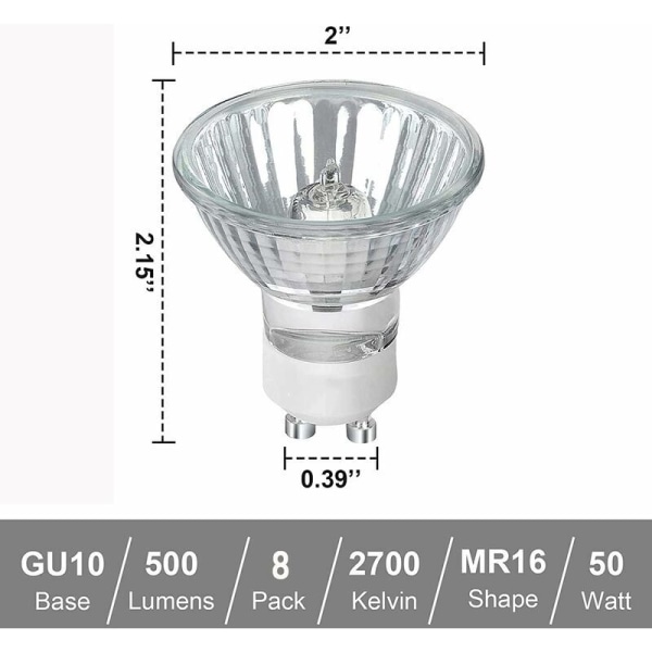 GU10 Halogenpære, Dimbar gu10 Pære 50W 230V, 500lm Varm Hvit 2700K, for Skapbelysning, Displaybelysning (8stk)