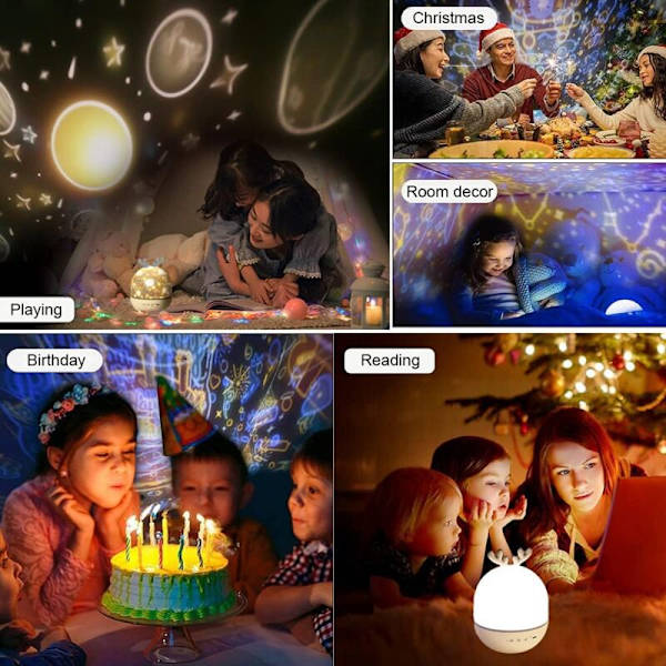 Baby Natlys Projektor, LED Børnenatlys Musikalsk og Lysende Lampe 360° Rotation, 8 Sange, 6 Projektionsfilm, Stjerneprojektorlampe til