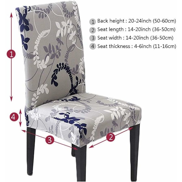 Stoltrekk Slipcover Stoltrekk Vaskbar Mykhet for 4 stk Elastisk Installasjon Stolbeskytter (Grå/Bladmønster, 4 stk)