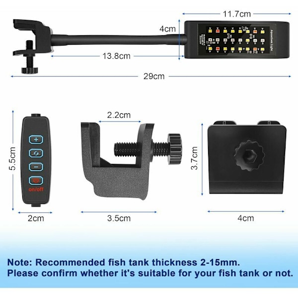 LED Klipslampe til Akvarium, [RGB+Hvidt Lys] 10 Lysstyrke Niveau Dæmper, Akvarium Klipslampe til 20-30CM Fiskekum og Vandplanter, Sort