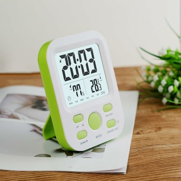 Digital väckarklocka med snooze och sömntimer, 12 timmar/24 timmar, bakgrundsbelyst display, automatisk fuktighets- och temperaturjustering. (Grön)