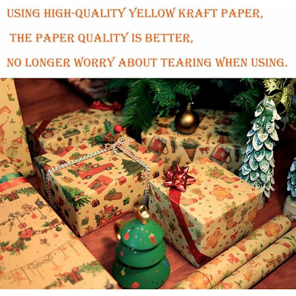 Julpapper för julklappar, 12 ark julpapper, kraftpapper julklappspapper, återvunnet kraftpapper julklappspapper 70x50CM,