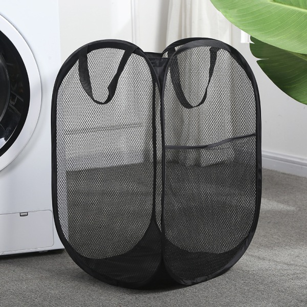 Kokoontaittuva mesh pop-up pyykkikori, jossa leveät aukot ja sivutaskut - hengittävä, tukeva, kokoontaitettava ja tilaa säästävä muotoilu (musta)