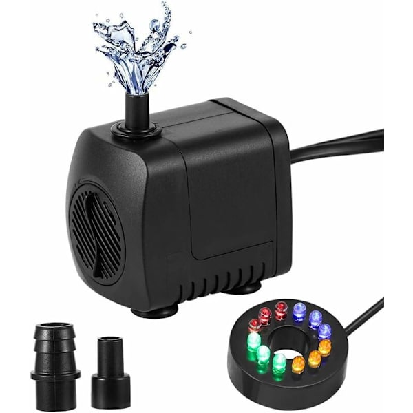 Stille Fontene Pumpe Neddykbar Vannpumpe med Justerbar Vannstrøm med 12 Fargerike LED-lys for Akvarium Fontene Hydroponisk Tank og Hage