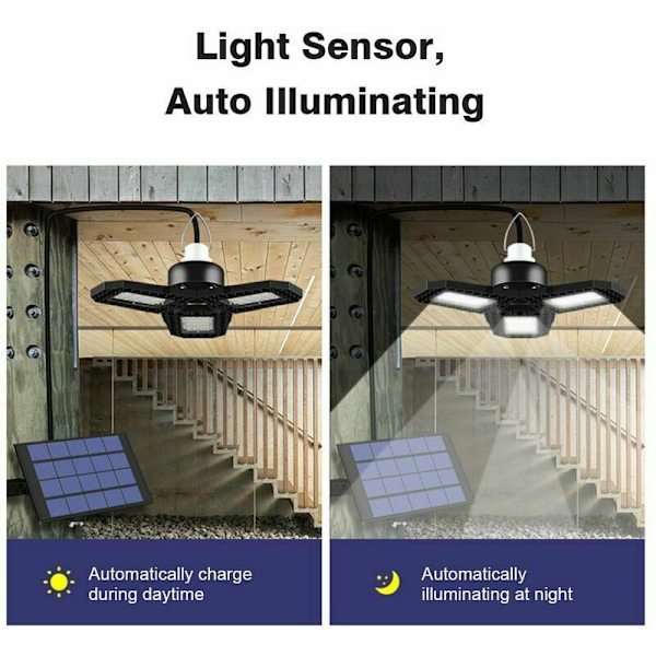 Solcelle-LED-garasje-lys for innendørs bruk, 120 LED-lamper, bøyelig LED med IP65 vanntett solcellepanel, automatisk lys, oppladbart LED-taklampe, hengende sikkerhetslys