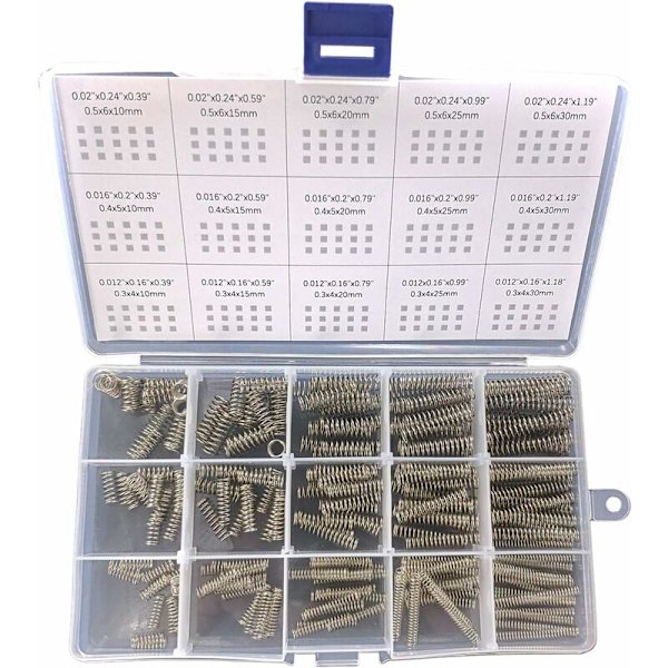 Kompressionsfjeder-sæt, 15 forskellige størrelser, 225 stk. Mini-fjedre i rustfrit stål til reparationer, længde 10 mm - 30 mm, ydre diameter 4-6 mm