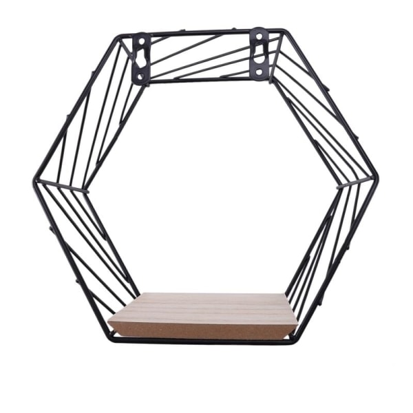 Veggmontert sekskantet gitterhylle i tre og jern, kombinert veggdekorasjon med geometrisk figur - Svart L