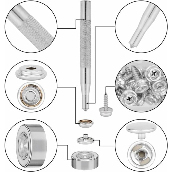 Pakke med 50 rustfrie trykknapper i marinekvalitet med 2 monteringsværktøjer (15 mm), tryklåse, lærredstrykknapper, metalknapper, lærredsskruer, stål lærred sc