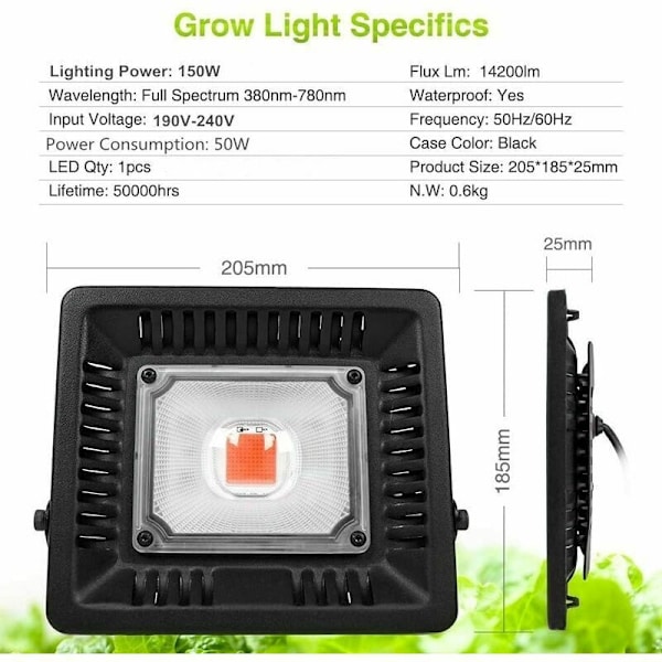 50W LED Havebrugspære, IP67 Vandafvisende Plantelampe, LED Dyrkningslampe til Hydroponics, Indendørs Planter og Drivhusefrøplanter med EU-stik