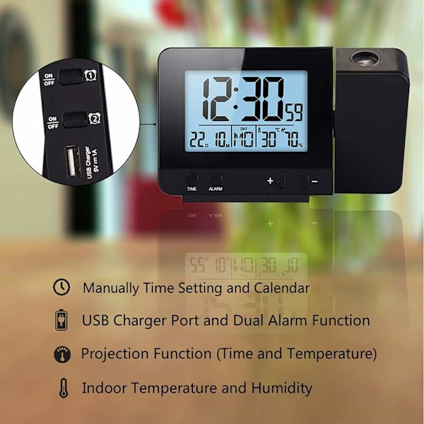 Projektionsklockor, väggprojektion elektronisk väckarklocka med dubbel alarm, 12/24 timmar, datum, visar luftfuktighet inomhustemperatur (svart)