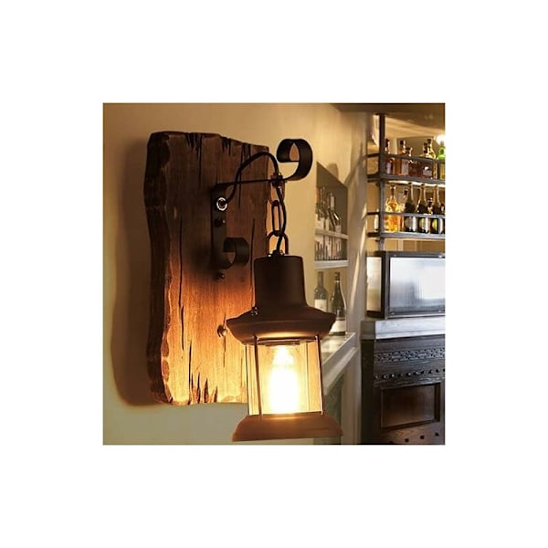 Væglampe i Massivt Træ og Smijern Retro Industri Væglampe Glas Skærm Belysning Lamper Stue Restaurant Ganglys