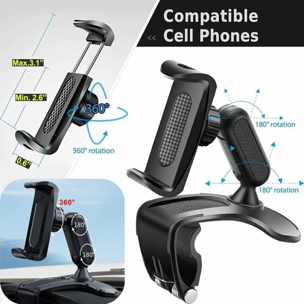 Car Phone Holder, Multi-Function Car Dashboard Rearview Mirror with 360° Adjustable Spring Clamp, Suitable for 4-7 Inch Smartphones