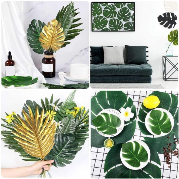 Kunstige planter 66 stykker 6 blader kunstig palme, falske blader, stilker og blader, simulering tropiske planter, jungelstrand tema Hawa-fest,