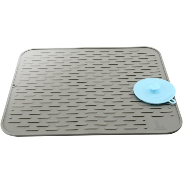 Stor Silikon Dish Drying Mat med Svampborste Silikon Dish Drying Mat Dish Drainer, Trivet, Värmebeständig Kökstillbehör, 45×40 cm (Grå)